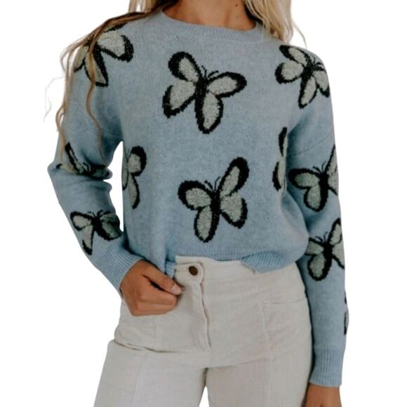 Hazel Moon Blue Black Butterfly Fuzzy High Pile Boho Sweater Cozy Coquette Fairy - Picture 1 of 10